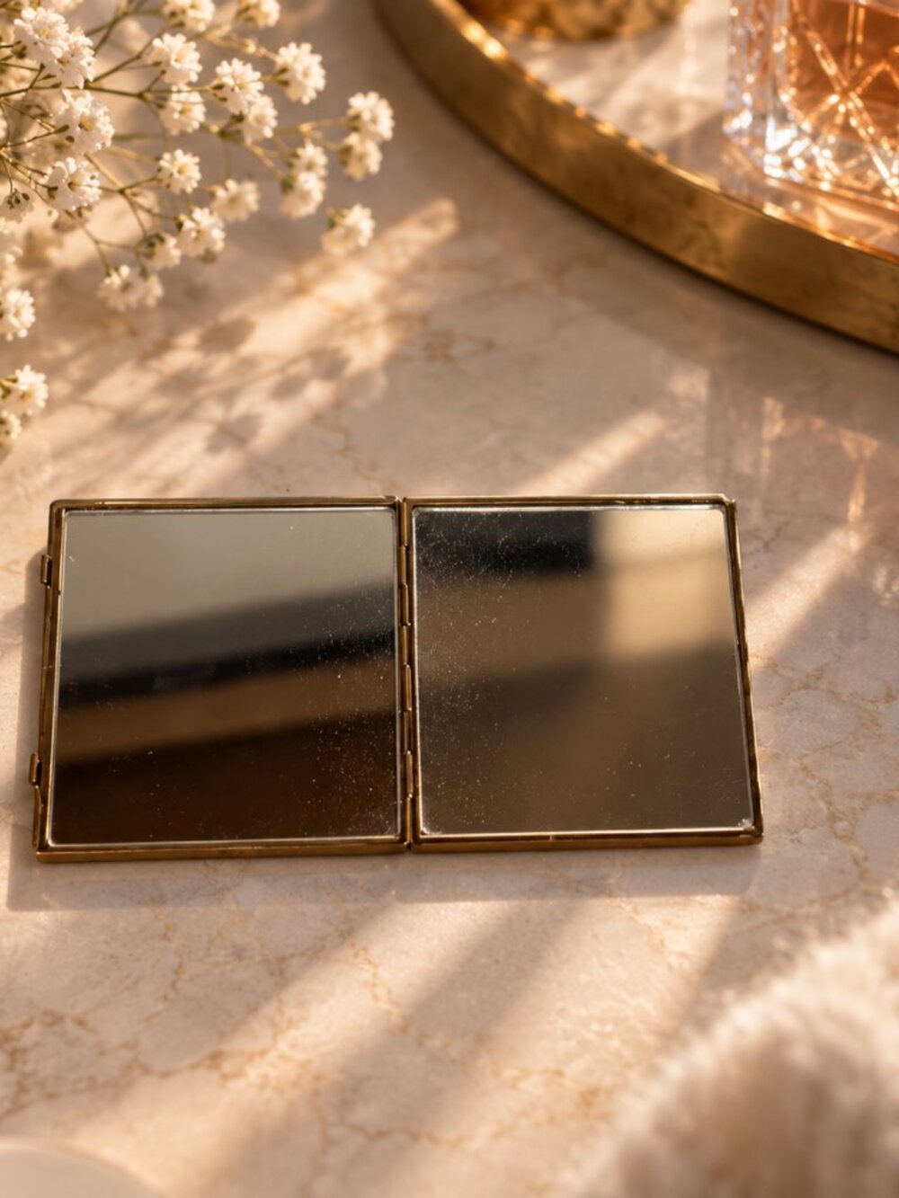 Vintage Silver Tone Folding Travel Purse Compact Double Mirror